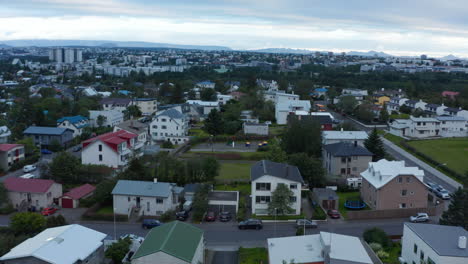Aerial-view-of-Reykjavik-city-centre-and-downtown-neighborhood.-Drone-view-of-panorama-of-Reykjavik,-Iceland-capital-city-and-northernmost-city-in-the-world